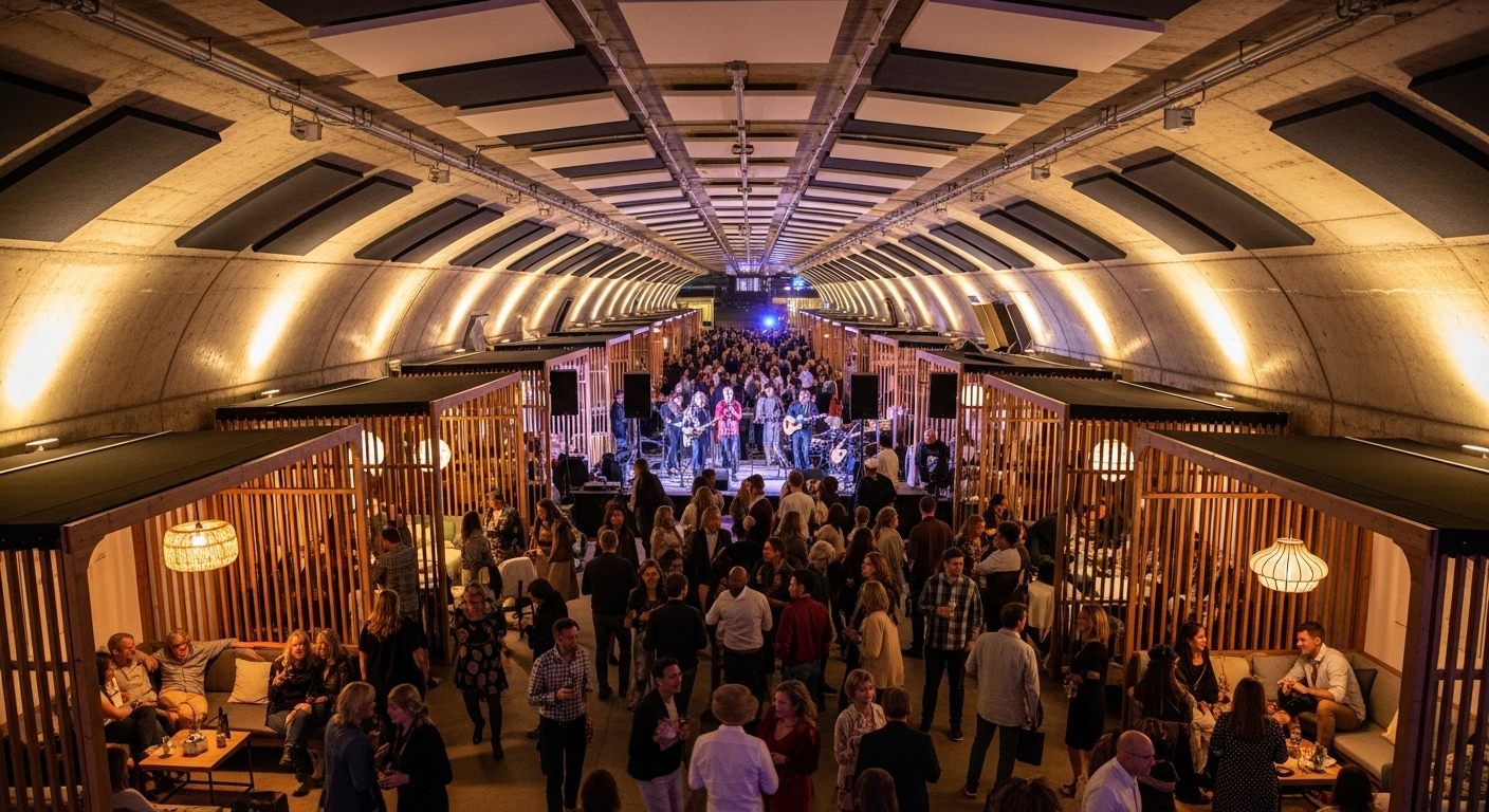 Wide view down the underpass showing multiple vendor pods and gentle projection patterns across the concrete spans.